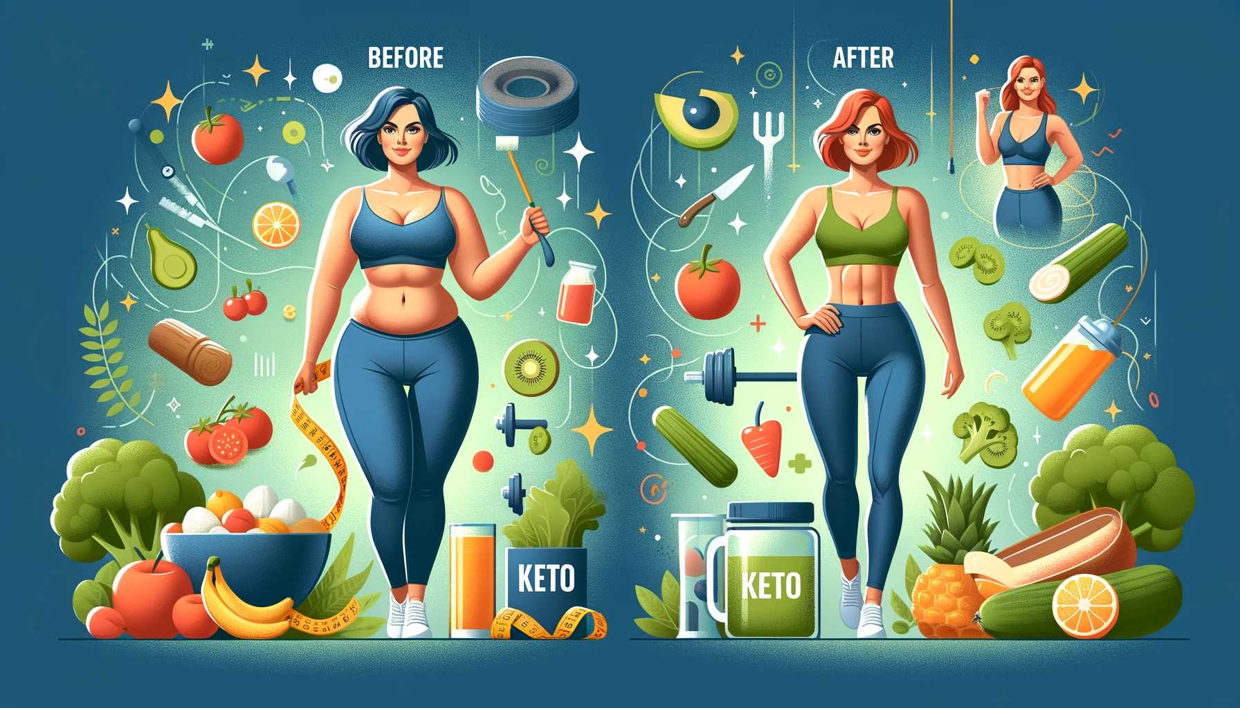 Illustration of two female figures, one before (overweight) and one after (fit and energetic) a keto diet, with a background of health-related elements.