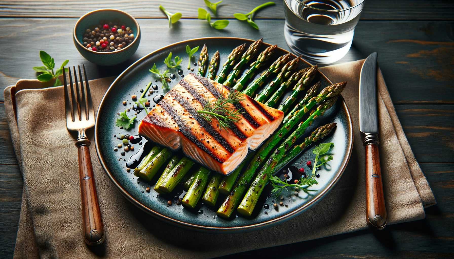 Appetizing image of a grilled salmon with asparagus dish, elegantly presented on a plate with vibrant colors in a fine dining setting.