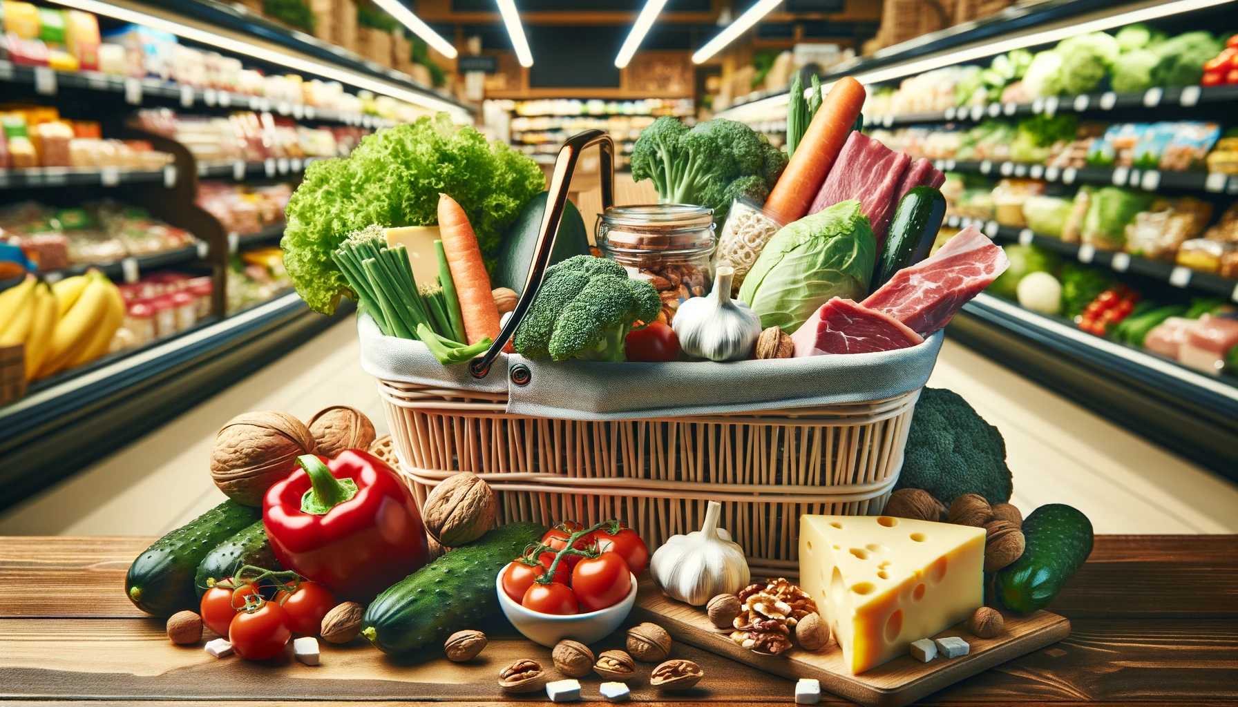 Bright image of a shopping basket filled with keto-friendly groceries like vegetables, meats, cheeses, and nuts in a grocery store setting.