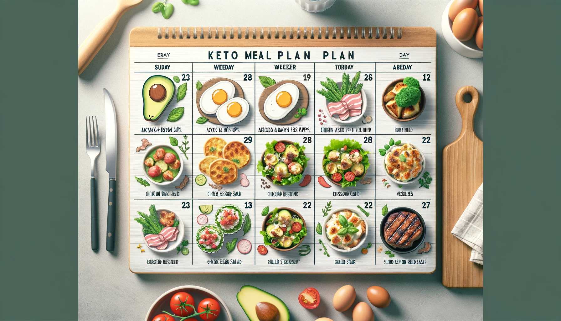 One-week keto meal plan calendar with icons for meals like avocado egg cups and chicken Caesar salad, featuring a modern, clean design in a kitchen setting.