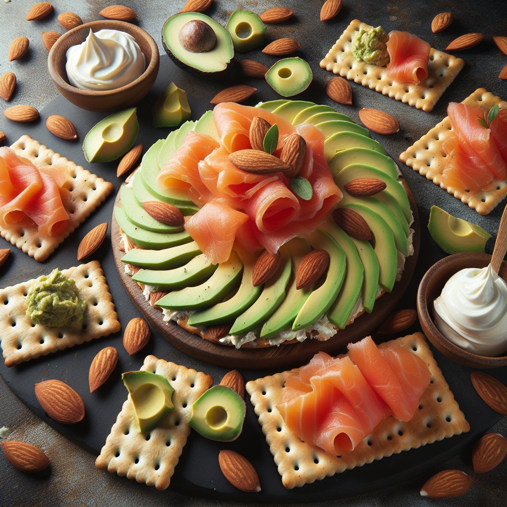 A delectable spread of almond crackers with keto-friendly toppings such as avocado slices, smoked salmon, and cream cheese, emphasizing low carb content, healthy fats, and fiber.