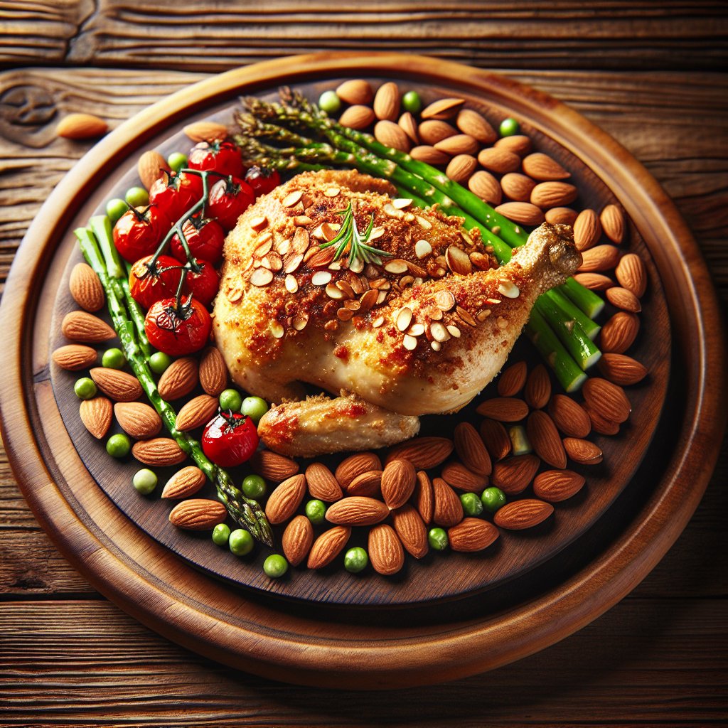 Almond-crusted baked chicken with keto-friendly vegetables on rustic wooden platter