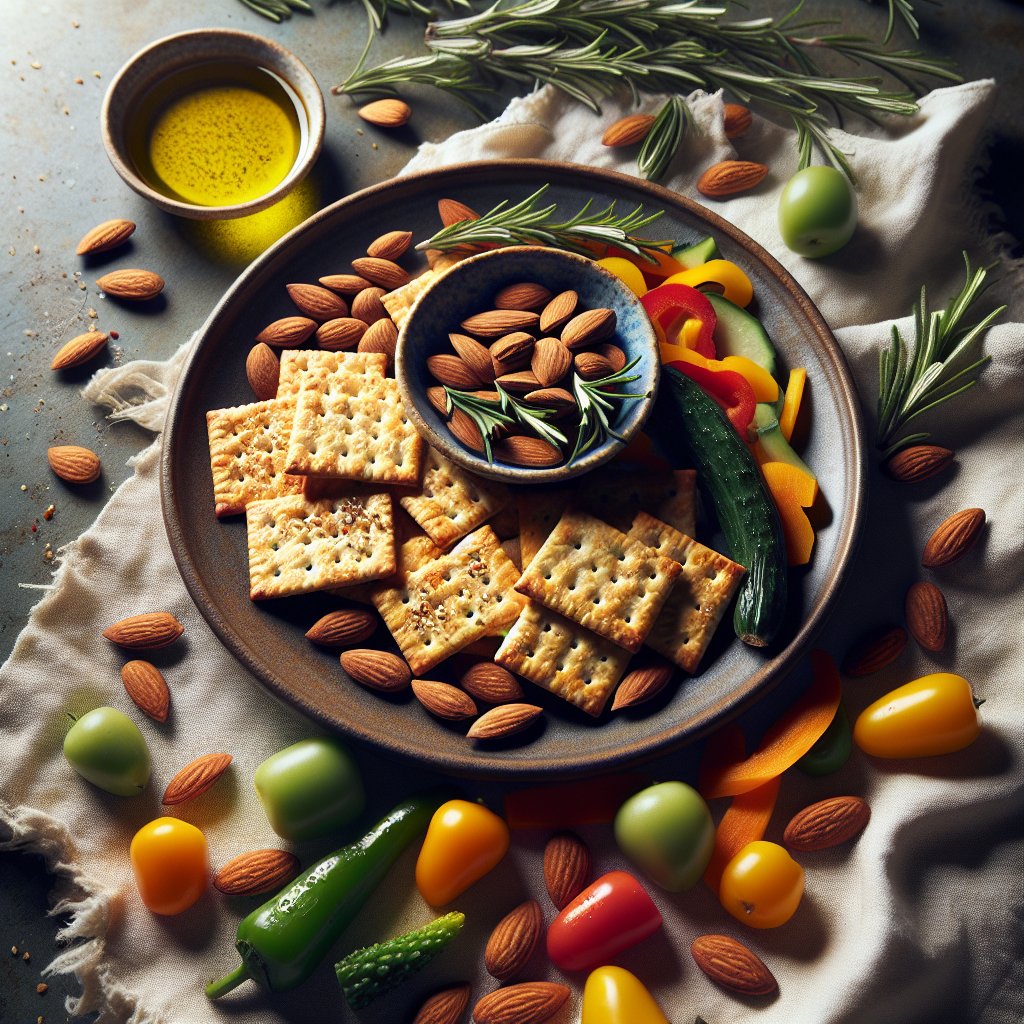 Homemade almond flour crackers with colorful vegetables and rosemary, served with extra virgin olive oil for dipping