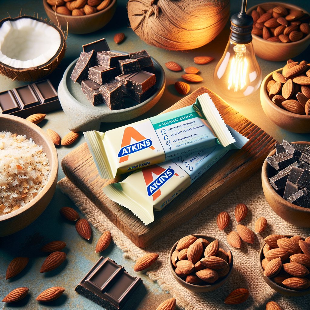 Assorted Atkins bars surrounded by keto-friendly almonds, coconut, and dark chocolate in warm lighting