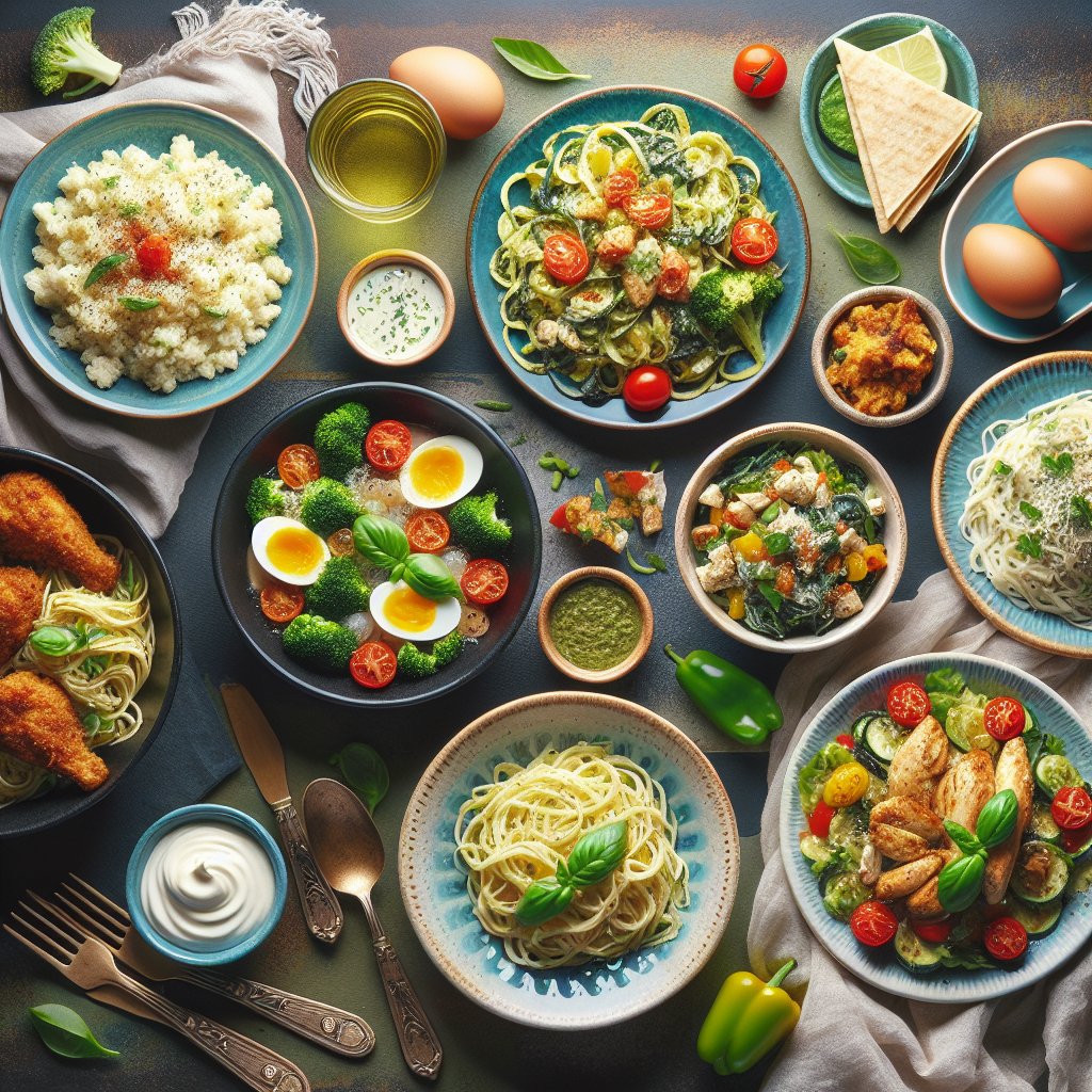 Vibrant and enticing dinner spread featuring budget-friendly keto meals like cauliflower fried rice, zucchini noodles with pesto, one-pan keto chicken alfredo, keto taco salad, and egg roll in a bowl.