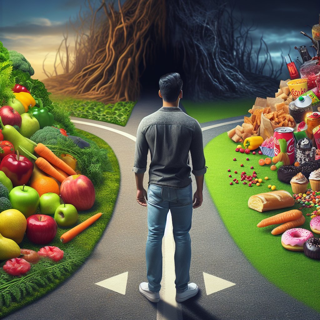 Person at a crossroads, one path leads to vibrant fruits and vegetables, symbolizing complex carbohydrates, while the other path leads to a dark cave filled with sugary treats and processed foods, symbolizing simple carbohydrates