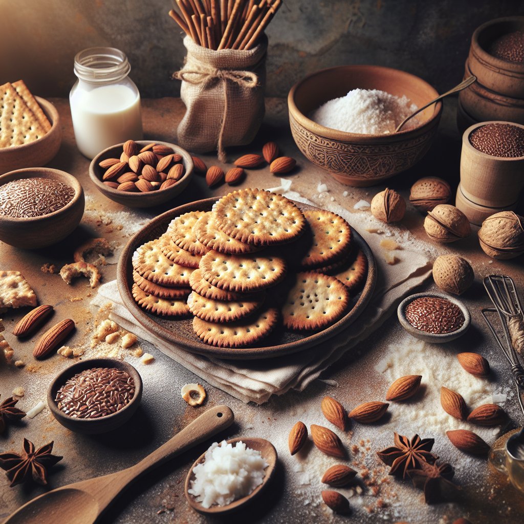 Plate of classic Ritz crackers surrounded by almond flour, coconut pieces, and flaxseeds in a cozy and inviting setting.