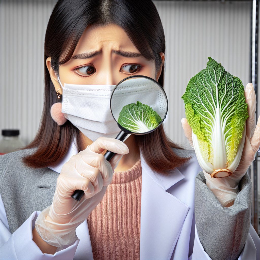 Person wearing gloves and face mask examining napa cabbage leaf with a magnifying glass, highlighting precautions for keto diet