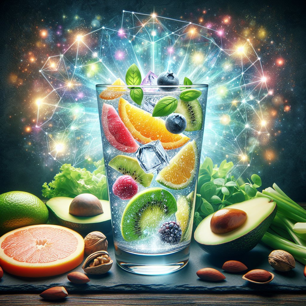 Refreshing glass of Crystal Light infused with vibrant fresh fruits, avocado, nuts, and leafy greens, ideal for a guilt-free keto lifestyle.