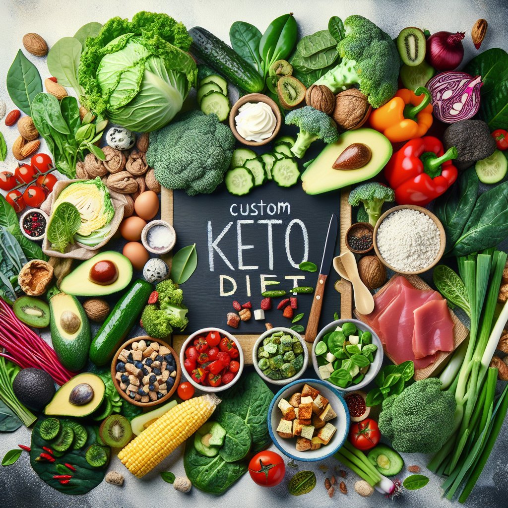 An image of a diverse array of fresh, whole foods arranged in an appealing and visually striking manner, symbolizing the flexibility and variety offered by a custom keto plan.