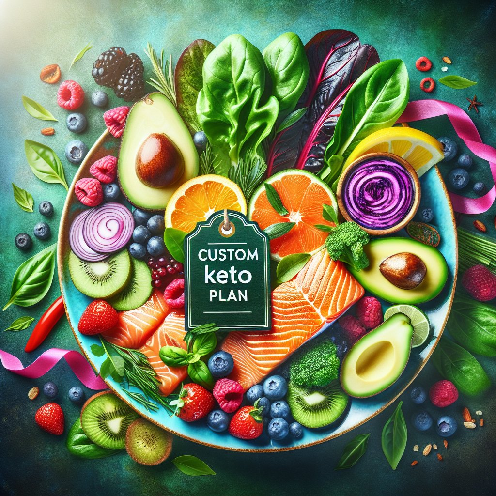 Vibrant plate of keto-friendly foods including avocado, leafy greens, grilled salmon, and colorful berries, with personalized name tag and ribbons symbolizing customization.