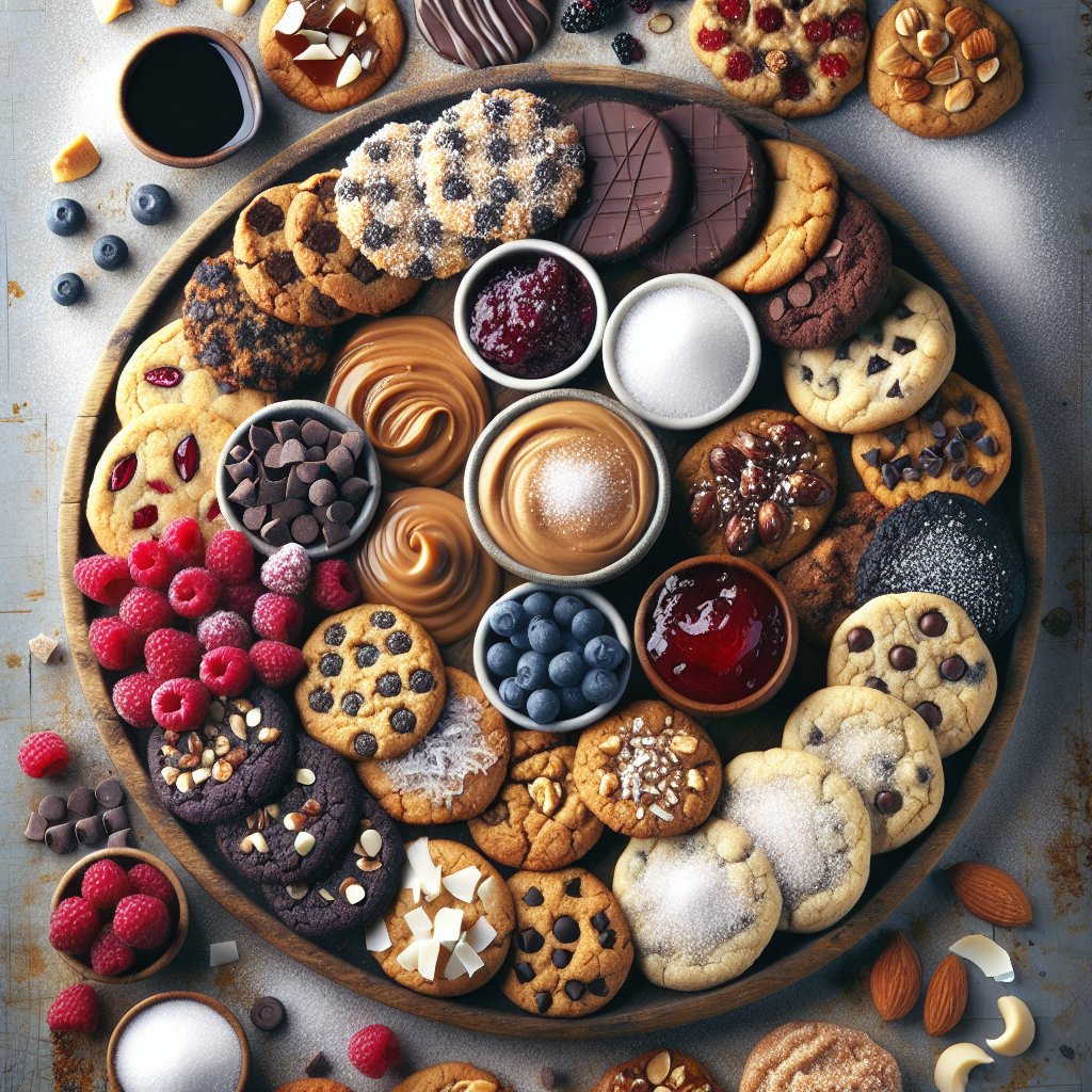 Variety of customizable keto peanut butter cookies with assorted toppings and spreads arranged on rustic wooden board with fresh berries and powdered erythritol