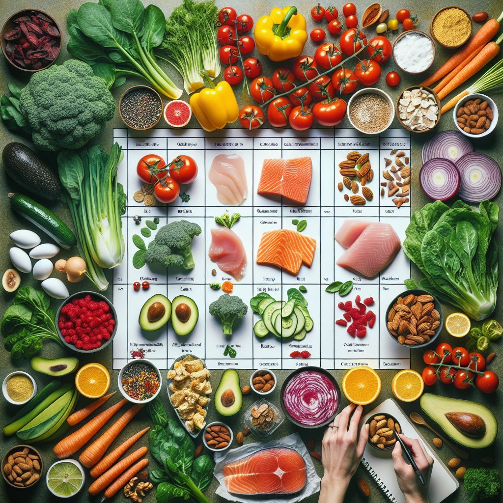 Assortment of fresh and vibrant ingredients arranged on a personalized meal plan chart symbolizing customization and individualization for keto diet goals.