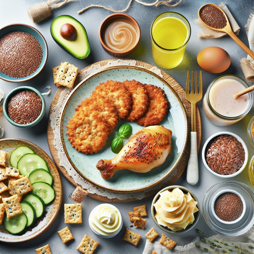 Assortment of keto dishes featuring flaxseed, including crackers, chicken tenders, and smoothies