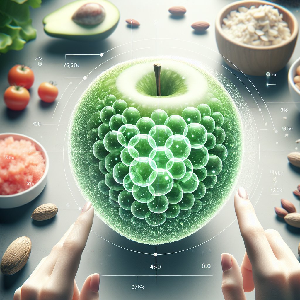 Cross-section of a green apple with translucent overlay highlighting natural sugar clusters, set against a backdrop of ketogenic diet foods.