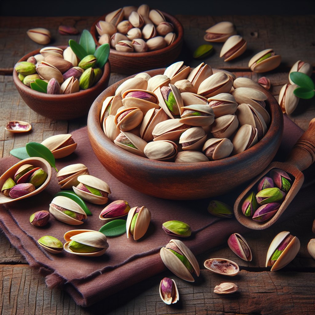 Artfully arranged vibrant green pistachios on rustic wooden backdrop