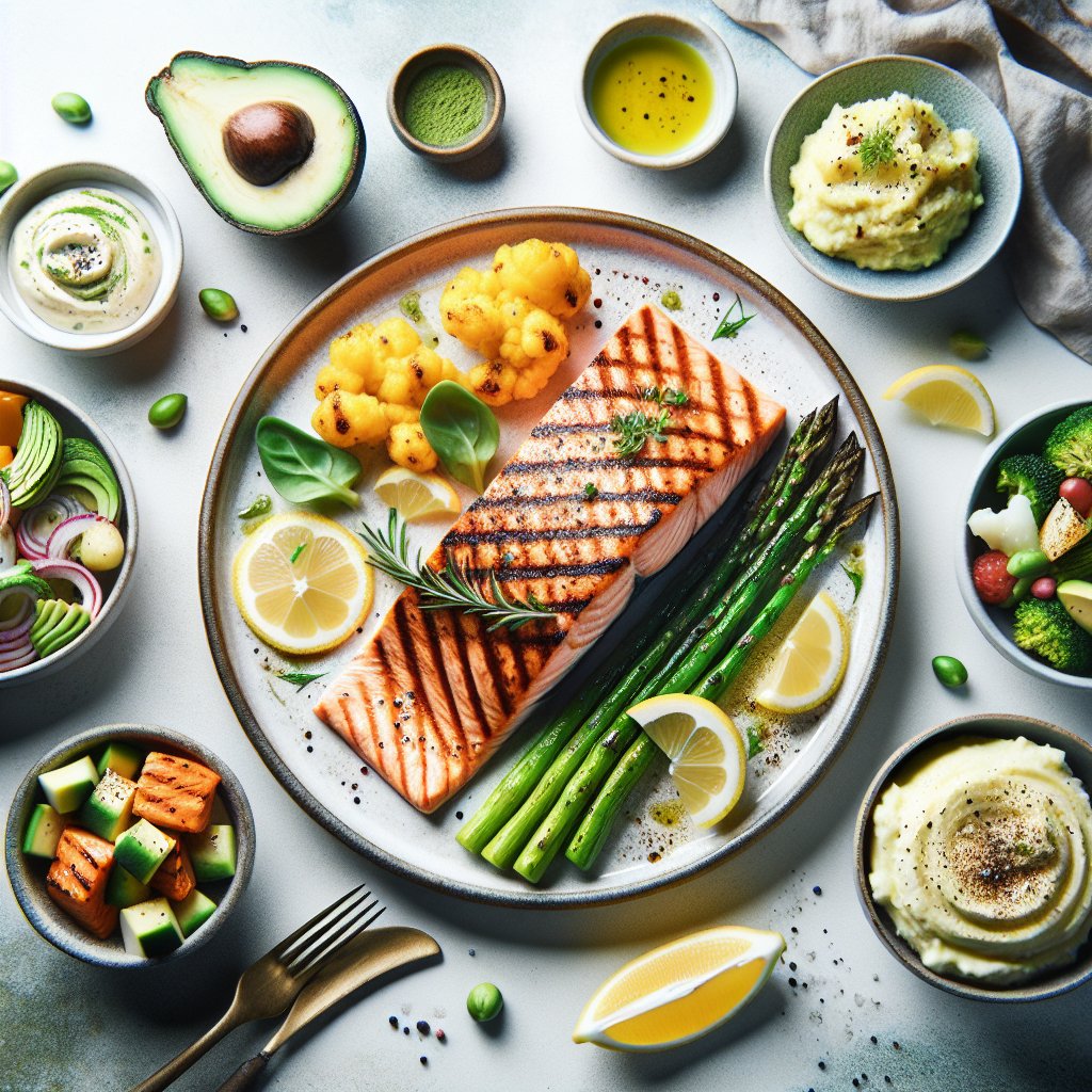 Grilled salmon with roasted asparagus, cauliflower mash, and avocado salad