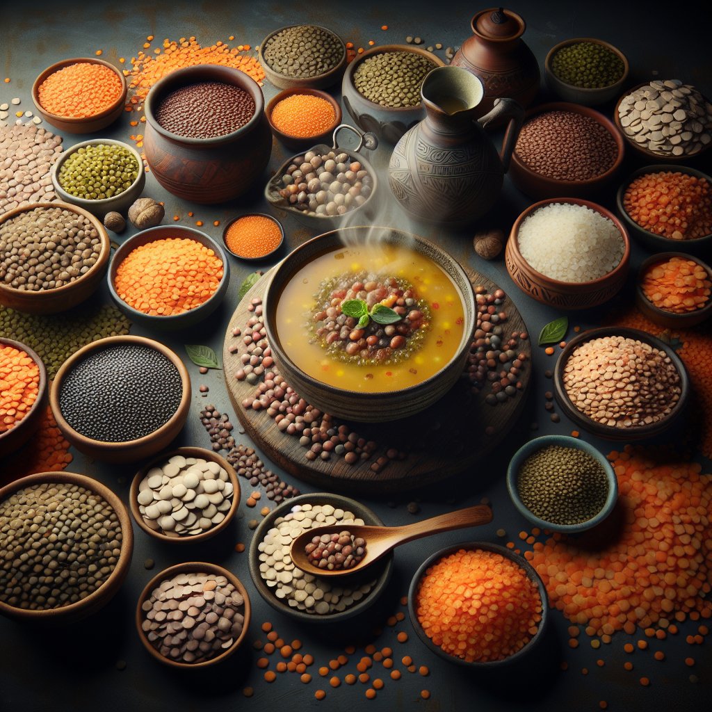 Steaming bowl of hearty lentil soup surrounded by diverse lentil varieties