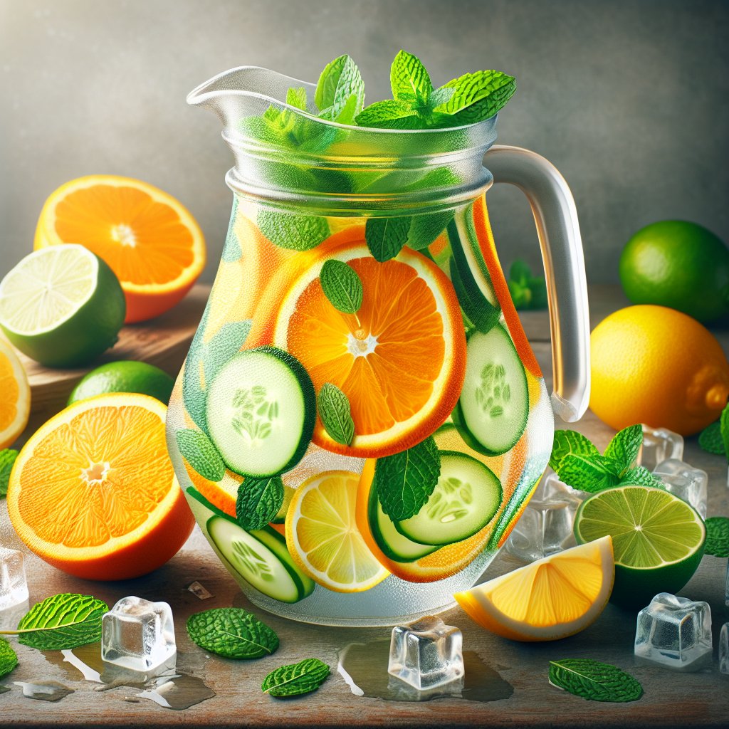 Pitcher filled with citrus fruits, cucumber slices, and mint leaves in a refreshing and hydrating drink