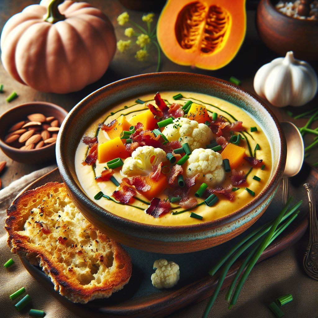 Beautifully presented Keto-Friendly Kabocha and Cauliflower Soup with crispy bacon bits and fresh chives, served in a rustic ceramic bowl with almond flour bread