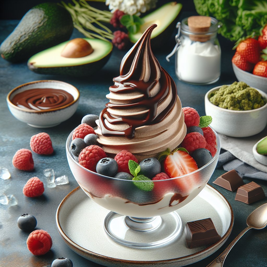 Creamy keto frozen custard topped with fresh berries and sugar-free chocolate sauce in an elegant bowl
