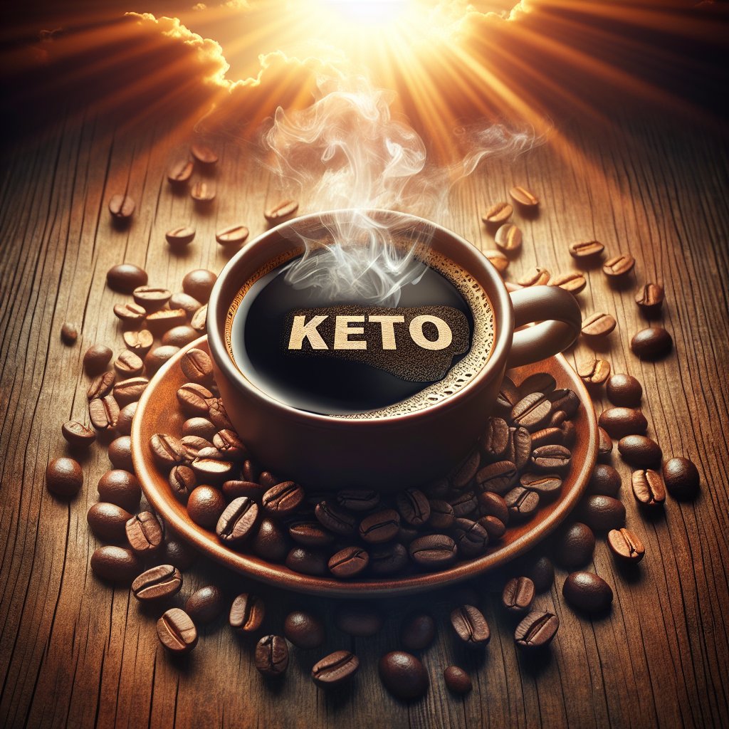 Steaming cup of keto black coffee surrounded by vibrant coffee beans on a rustic wooden table with morning sunlight casting warm glow