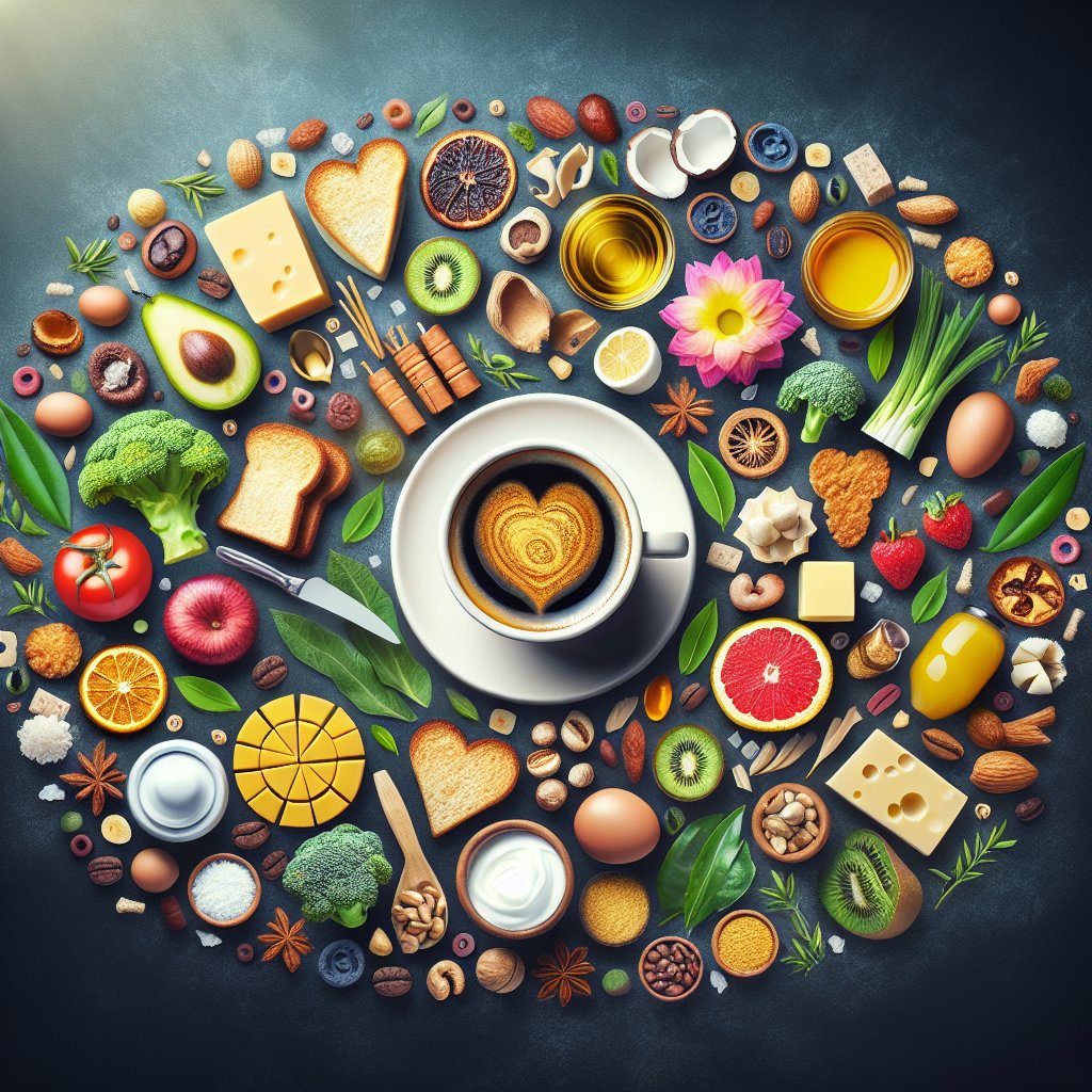 A vibrant scene showing a cup of keto-friendly coffee, highlighting low-carb ingredients and healthy fats to promote the benefits of the keto lifestyle.