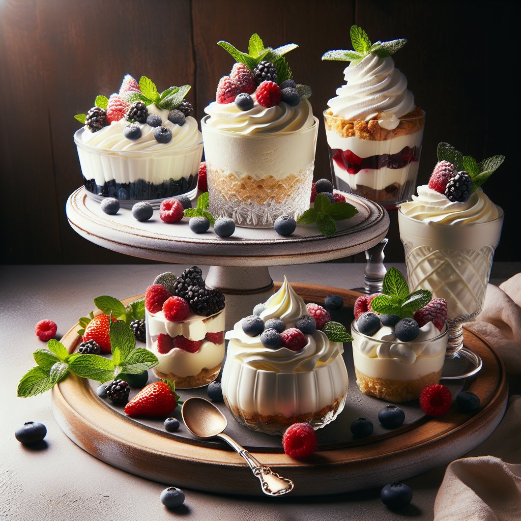 Assortment of keto desserts adorned with Cool Whip, fresh berries, and mint leaves