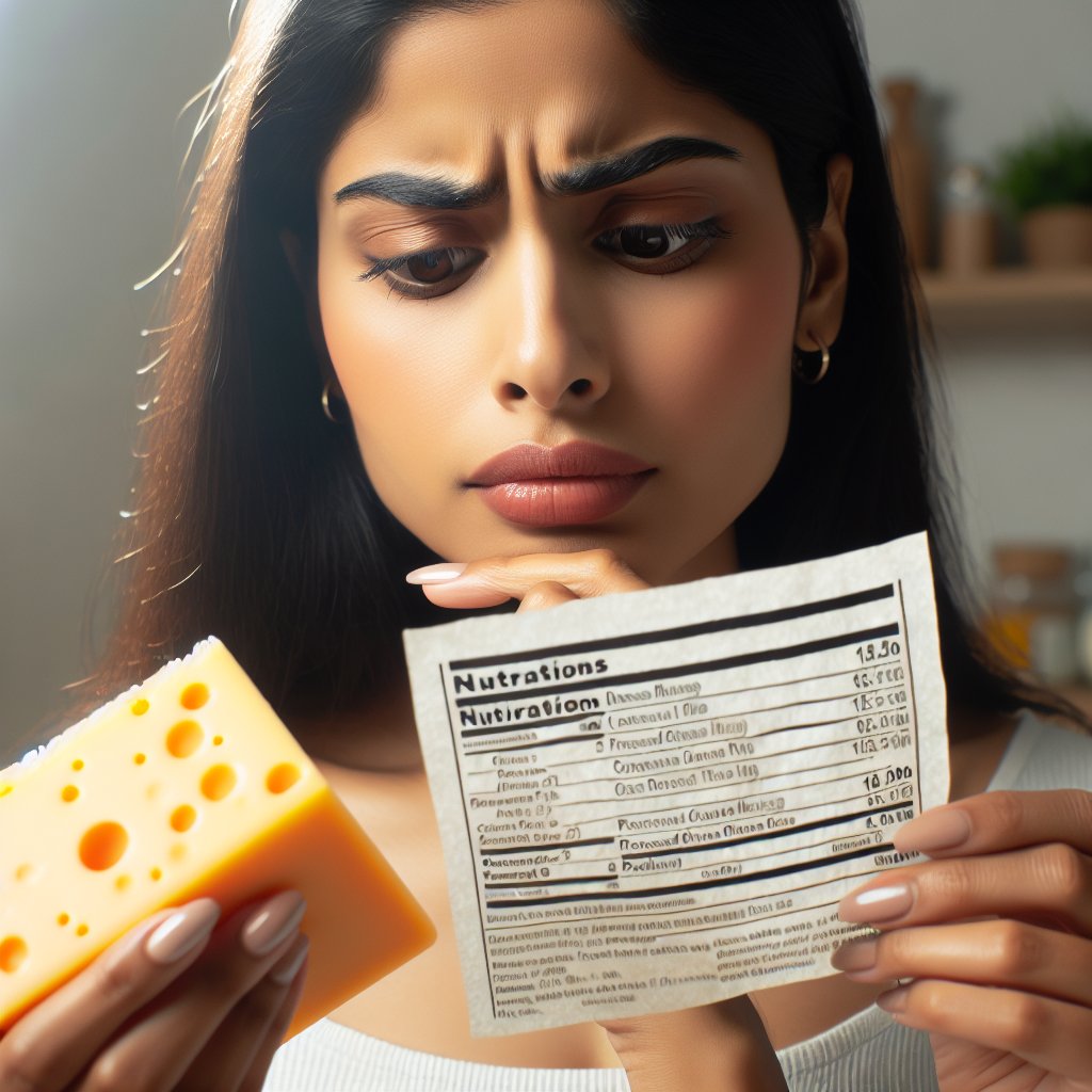 Person carefully reading the nutrition label on a block of cheese, considering its potential impact on keto diet.