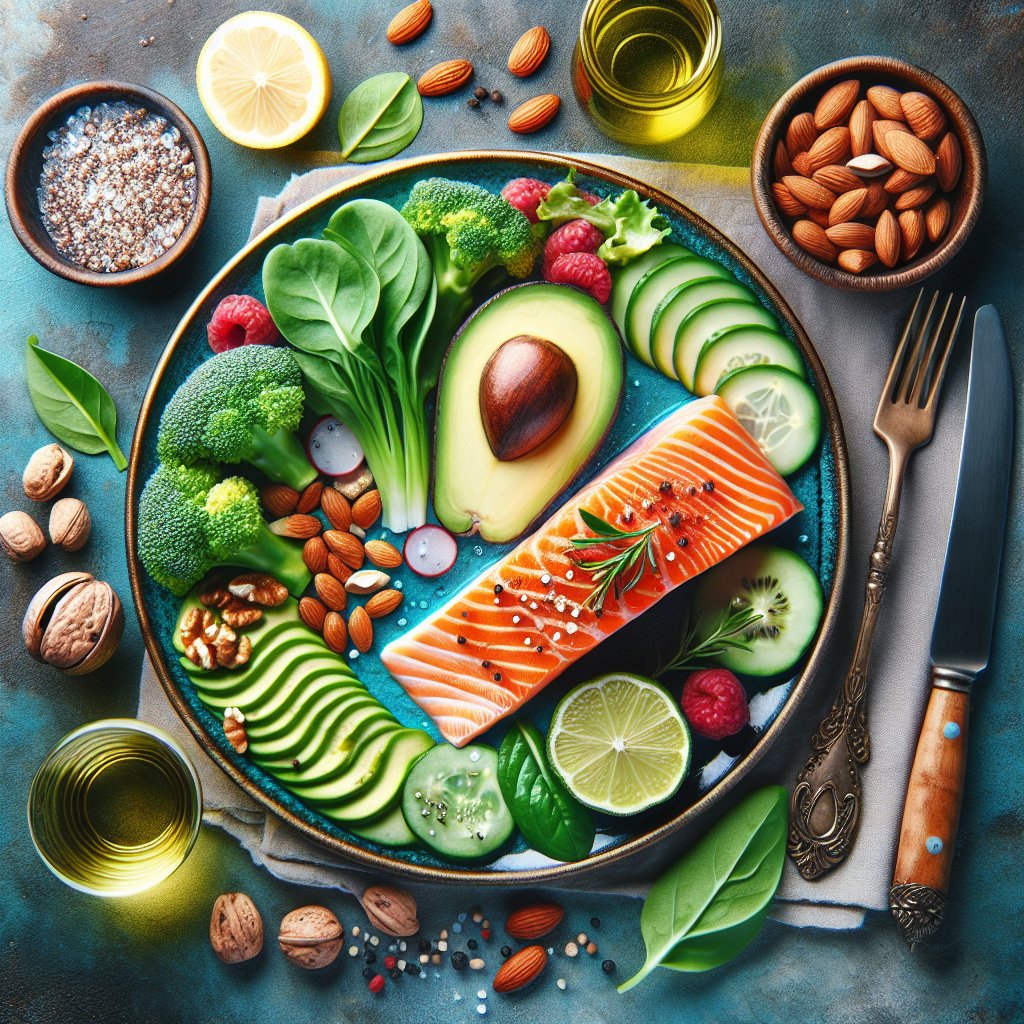 Vibrant keto meal with avocado, salmon, leafy greens, and nuts showcasing high-fat, moderate protein, and low-carb foods.