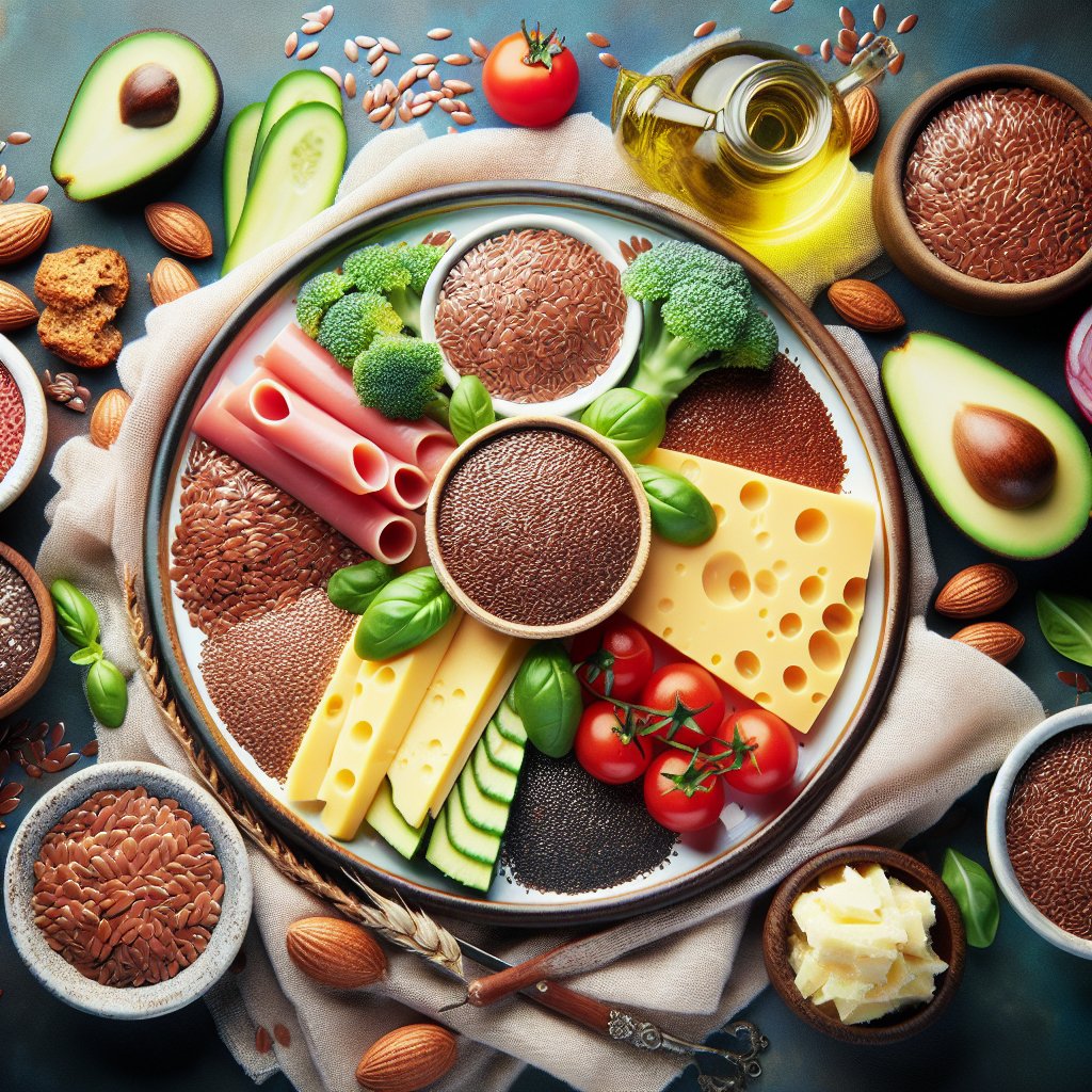 Vibrant keto-friendly plate featuring a tempting array of low-carb, high-fat foods, prominently showcasing flax seeds as a central ingredient