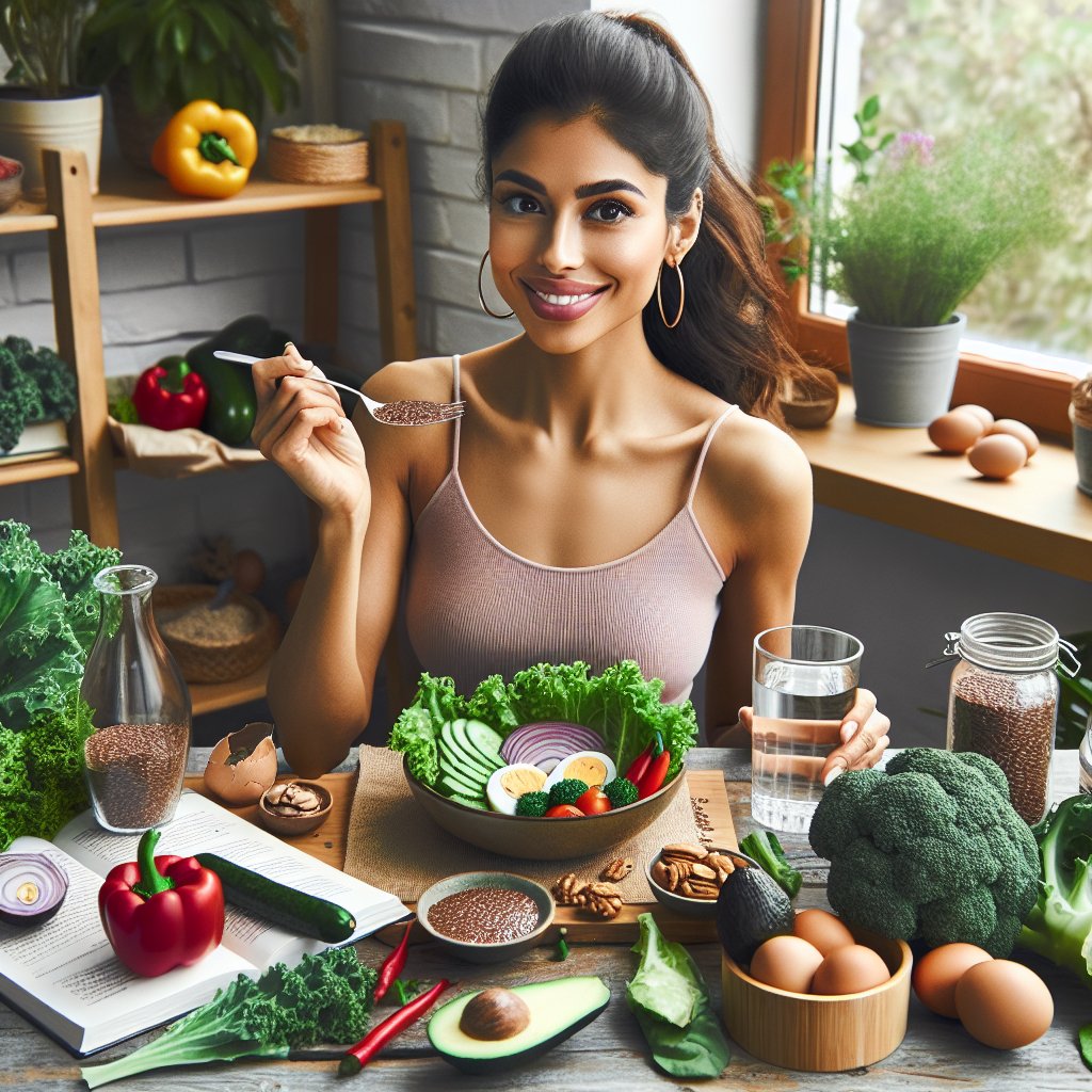 A person enjoying a vibrant keto meal featuring flax seeds, surrounded by fresh ingredients, emphasizing moderation and mindfulness.