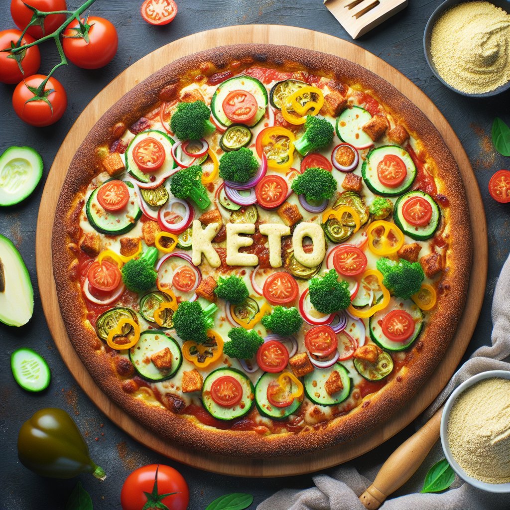 Mouth-watering keto pizza with golden brown crust, colorful vegetables, and melted cheese.