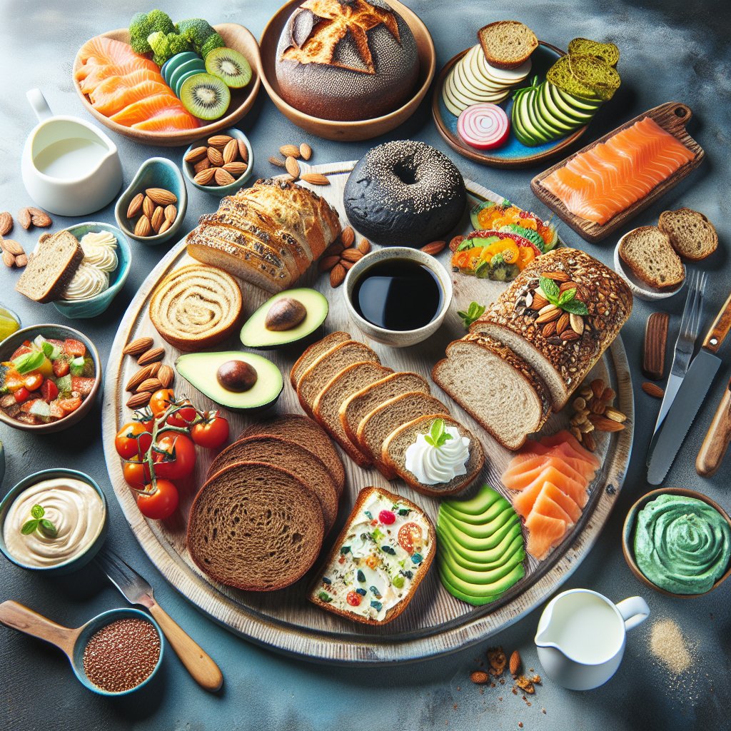 Assortment of keto-friendly bread slices, buns, and rolls with vibrant toppings like avocado, smoked salmon, and colorful vegetables