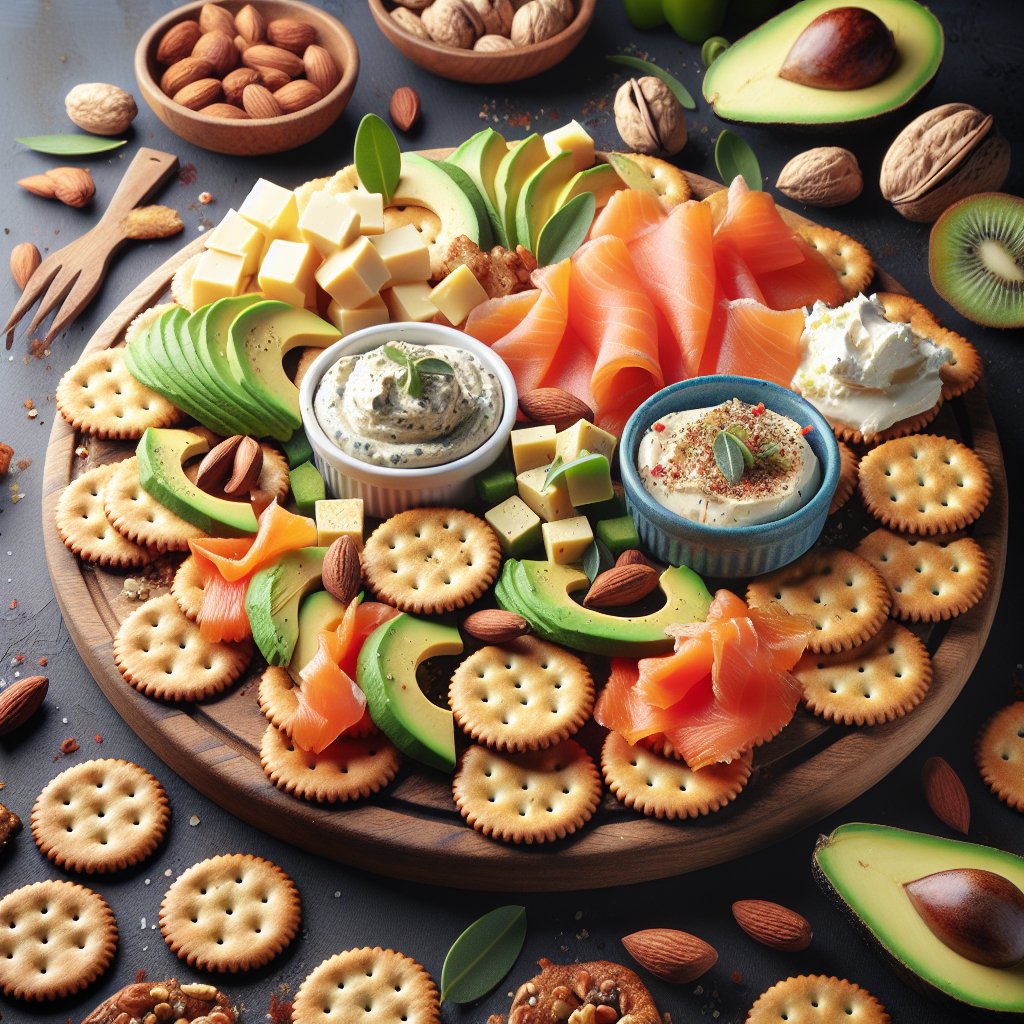 Assortment of avocado, salmon, and cheese dips arranged on wooden board with veggies and nuts