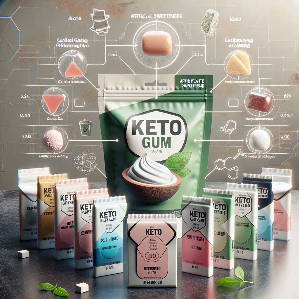 Assortment of keto-friendly gums with prominent natural ingredients and low sugar content arranged on a modern surface.