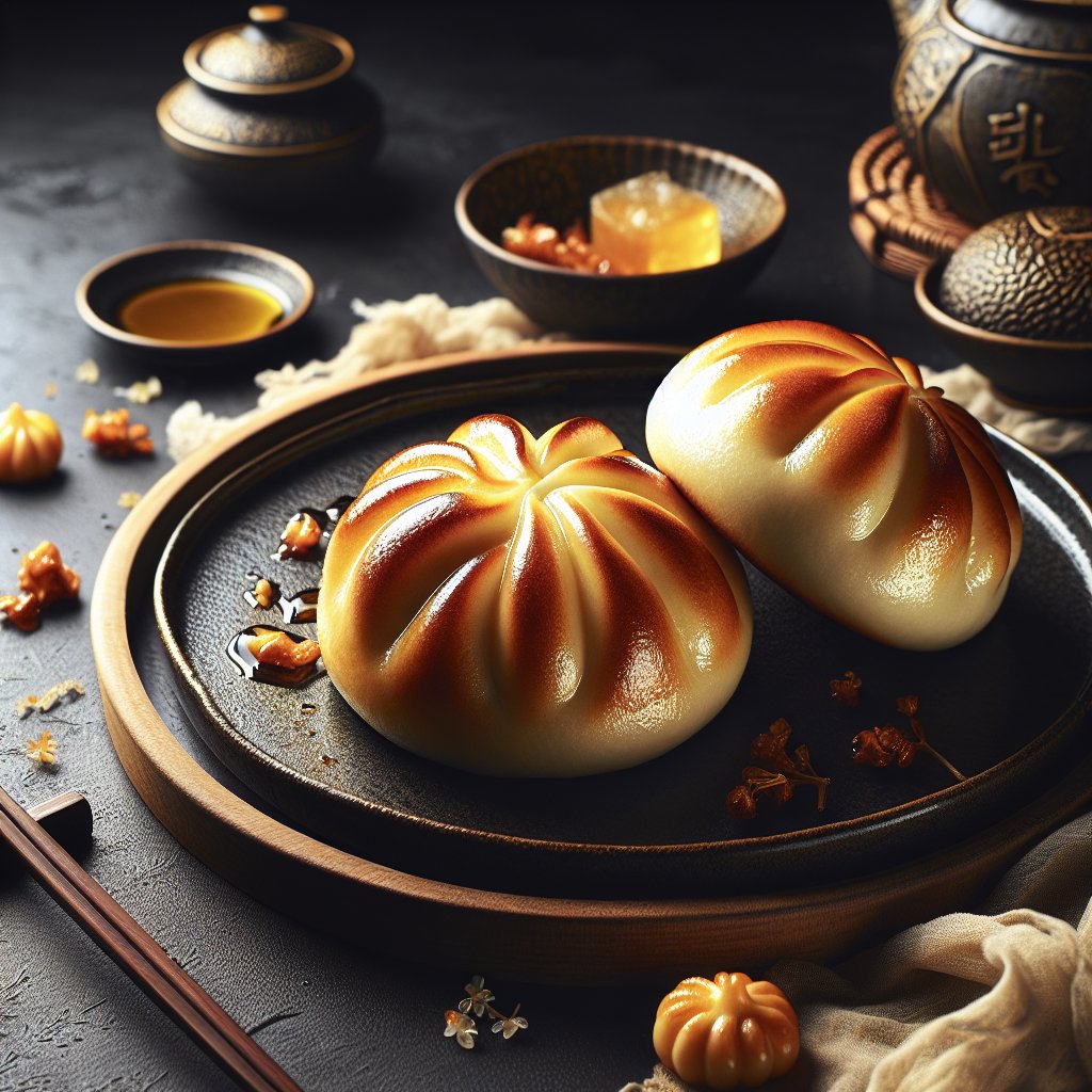 Beautifully plated keto bao buns, showcasing the golden-brown, pillowy texture of the bun with a fusion of culinary tradition and modern dietary preferences.