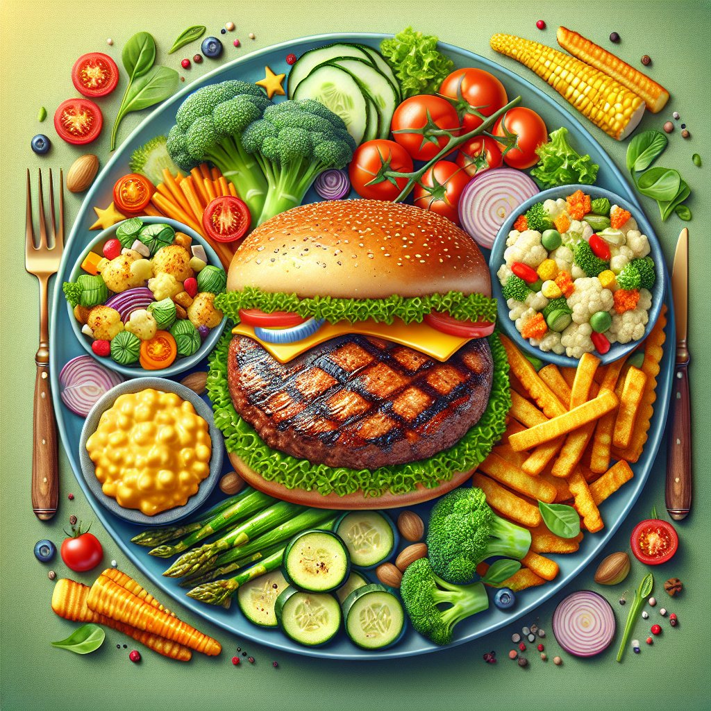 Vibrant plate featuring a juicy, grilled hamburger paired with colorful and keto-friendly side dishes like leafy green salad, roasted asparagus, cauliflower mac and cheese, and zucchini fries.