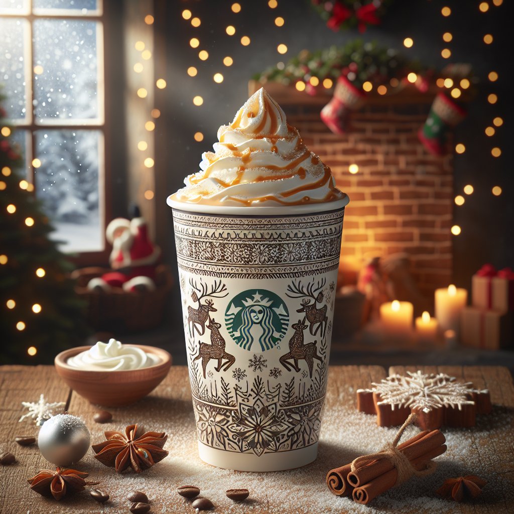 Keto-friendly Starbucks cup with sugar-free syrup and whipped cream, adorned with festive elements