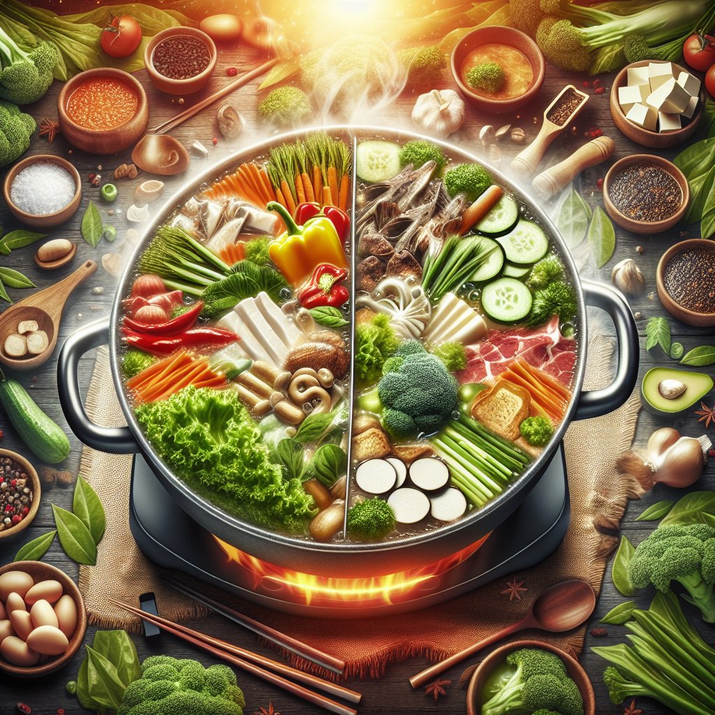 Steaming hot pot filled with colorful keto-friendly ingredients surrounded by vibrant greens, lean meats, and healthy fats for a communal dining and wellness experience.