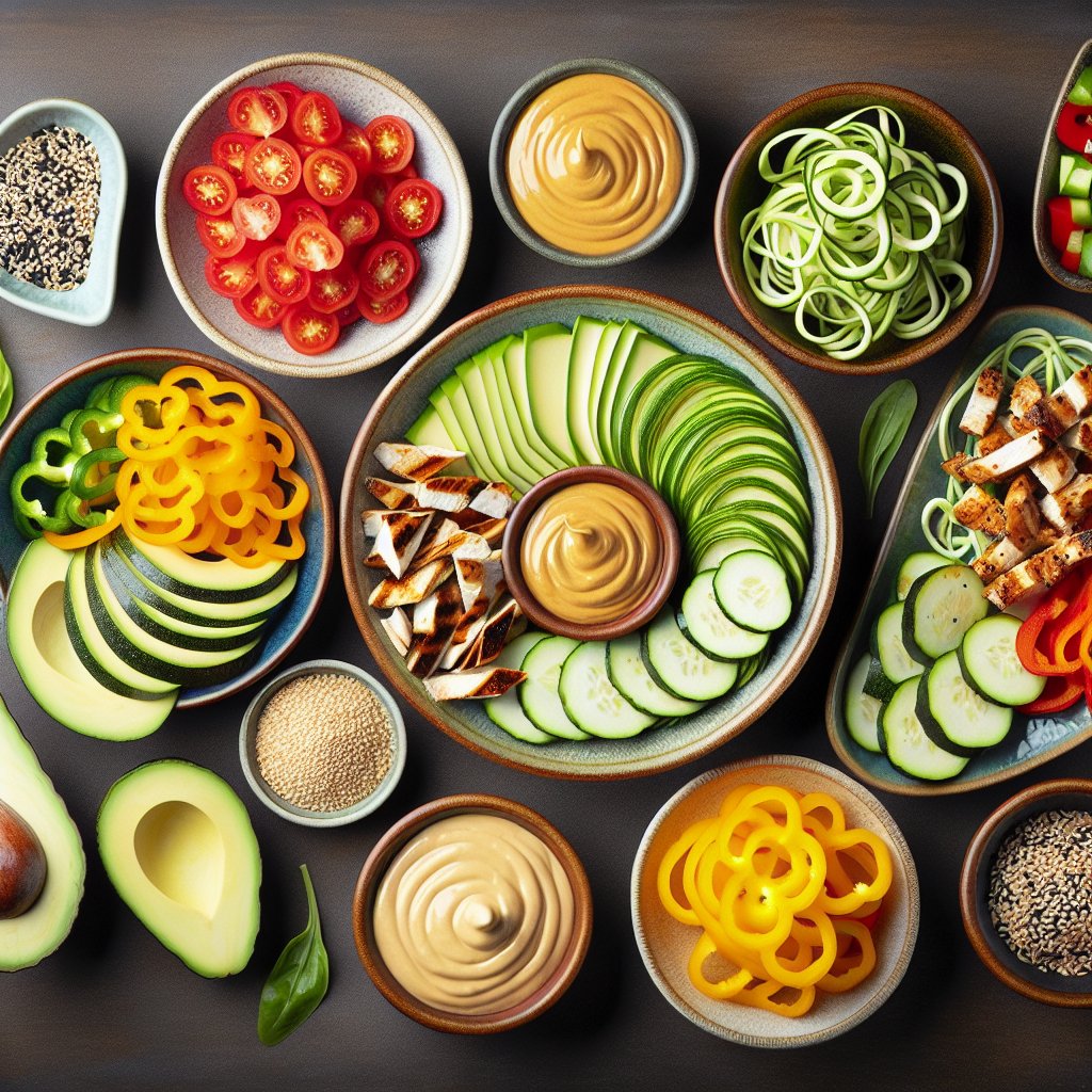 A colorful array of keto-friendly ingredients including avocado, grilled chicken, zucchini, bell peppers, and sesame seeds arranged in small bowls, showcasing diverse options for customizing keto peanut dressing.