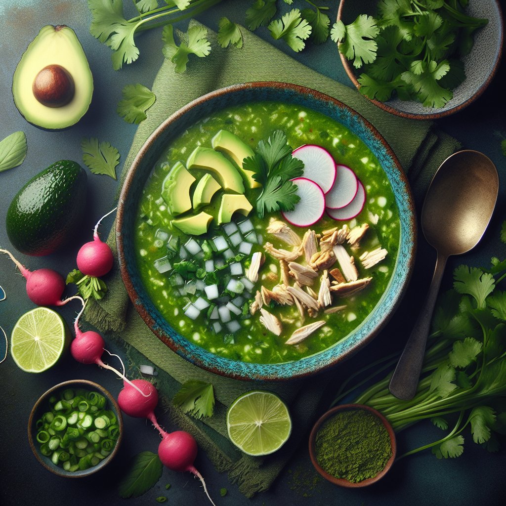 Vibrant bowl of Keto Pozole Verde with avocado, chicken, radishes, and cilantro