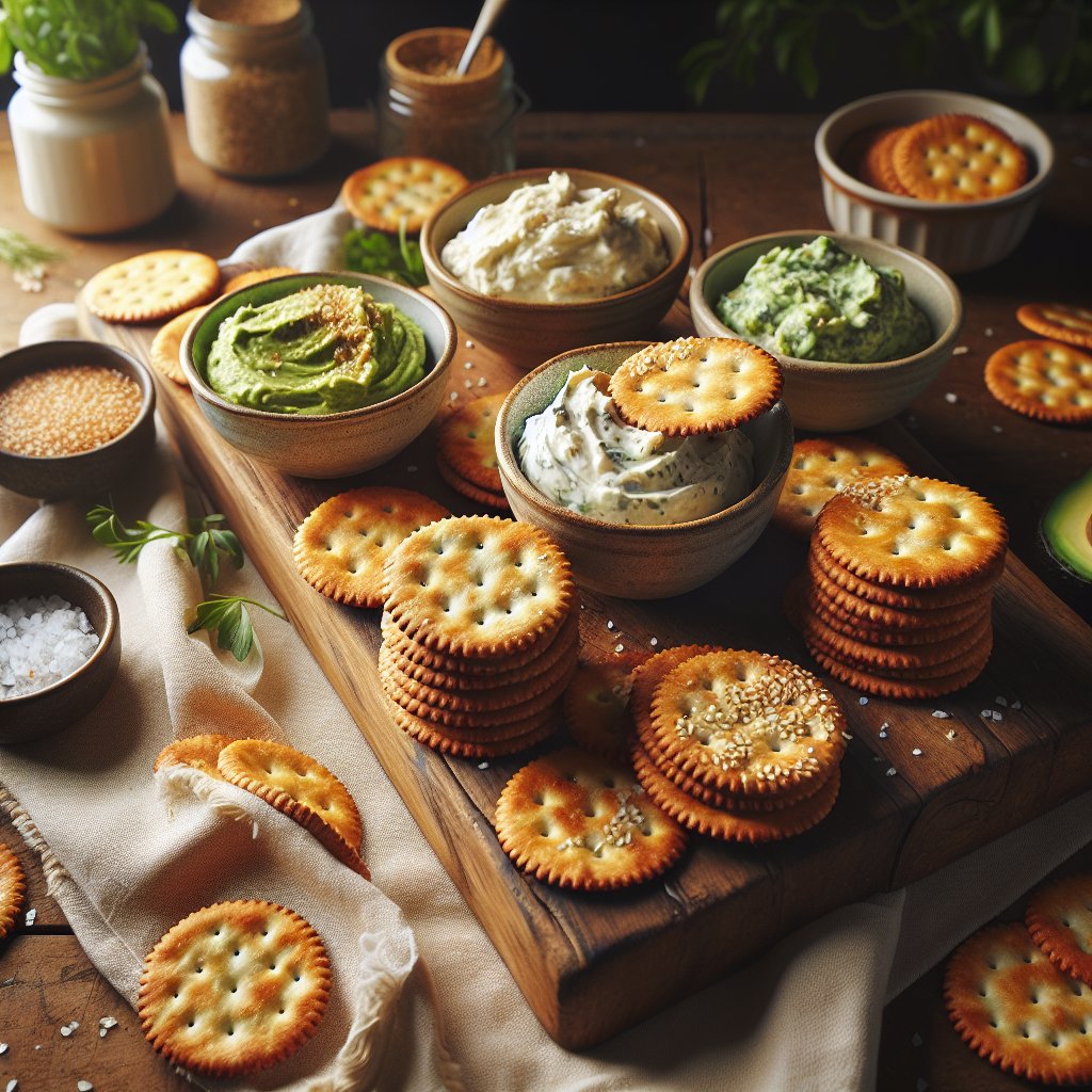 Freshly baked Keto Ritz crackers on a rustic wooden serving board with keto-friendly dipping sauces