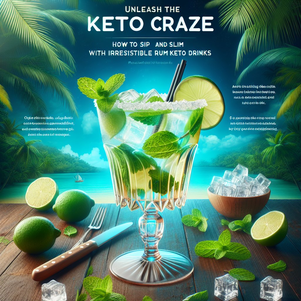 Refreshing Keto Rum Mojito garnished with mint leaves and lime wedges against tropical backdrop