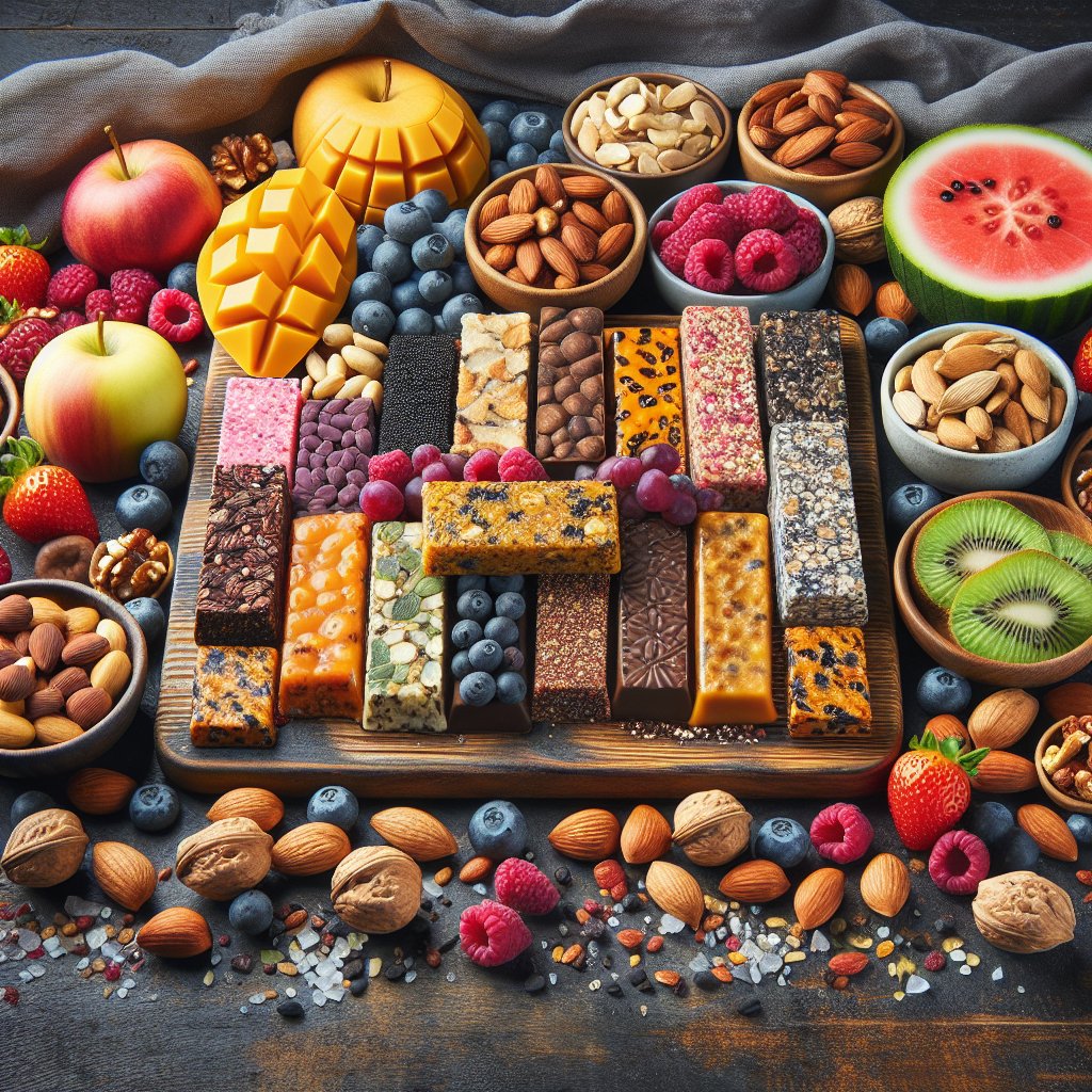 Colorful array of keto-friendly snacks including Atkins bars, nuts, seeds, and berries on a wooden serving board