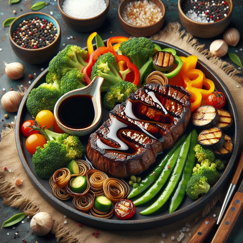 Keto-friendly meal featuring a perfectly seared steak glistening with a savory soy sauce glaze, surrounded by vibrant low-carb vegetables lightly drizzled with soy sauce.