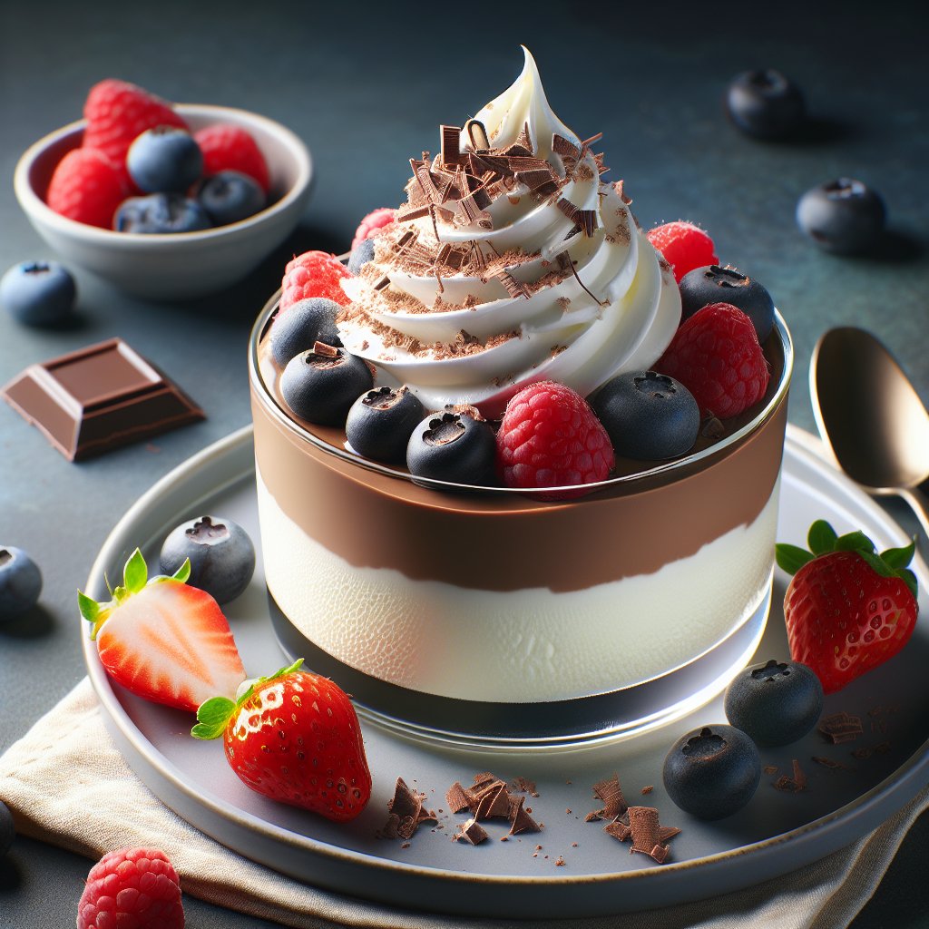 Elegant keto sugar-free pudding with cool whip, fresh berries, and chocolate shavings