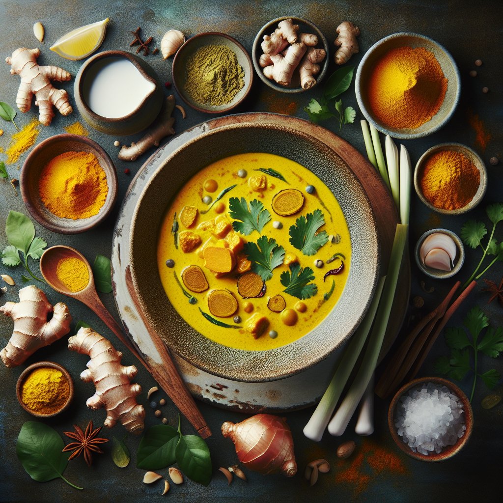 Vibrant bowl of keto-friendly yellow curry surrounded by fresh, colorful ingredients