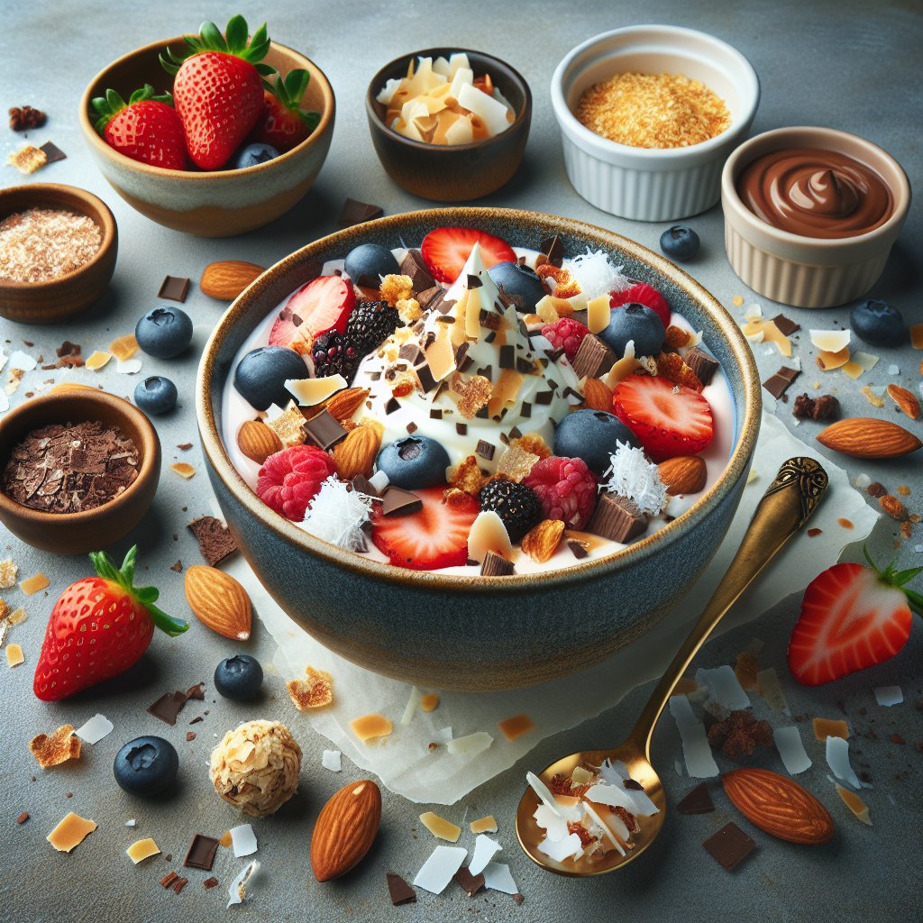 Bowl of creamy keto yogurt topped with fresh berries, toasted coconut flakes, crushed almonds, and sugar-free chocolate sauce