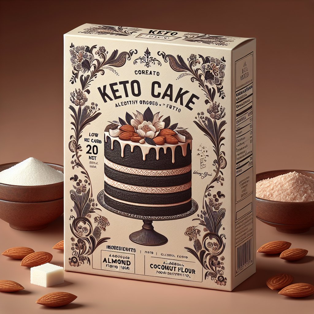 Luxurious keto cake mix package with almond flour, coconut flour, and erythritol